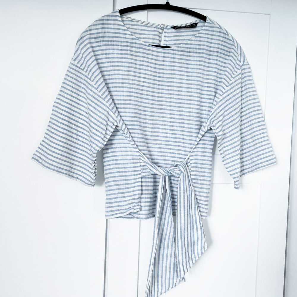 Zara 100% cotton striped top with sash belt M